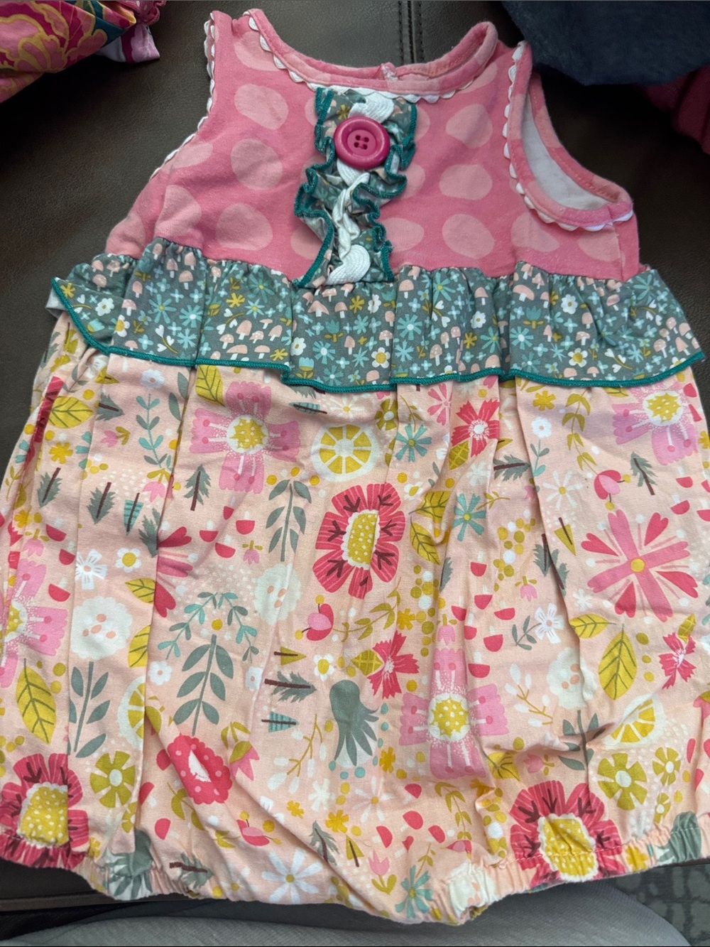 Pink Floral Ruffle Baby One-Piece Bubble Button Detail